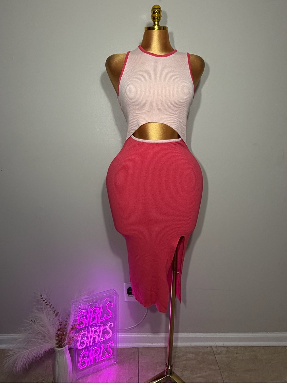 Colorblock Pink Cutout Midi Dress